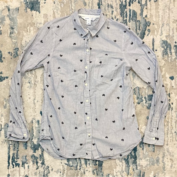 A25 Old Navy “The Classic” Collared Button Shirt Striped Cats Cat Kitty sz XS - Picture 12 of 13